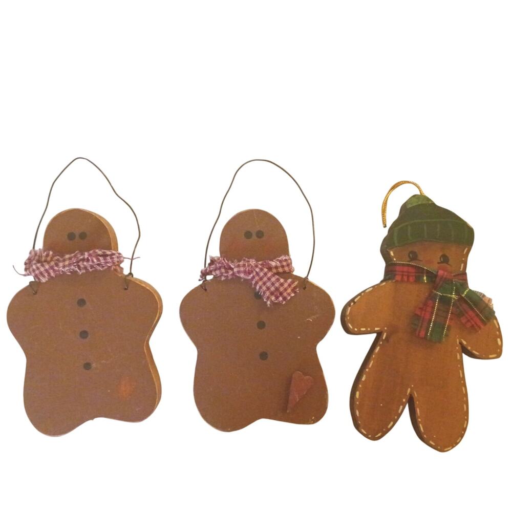 Wooden Handmade Primitive Christmas Gingerbread Ornaments Lot of 3